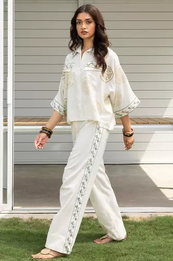 Cream white printed cotton shirt