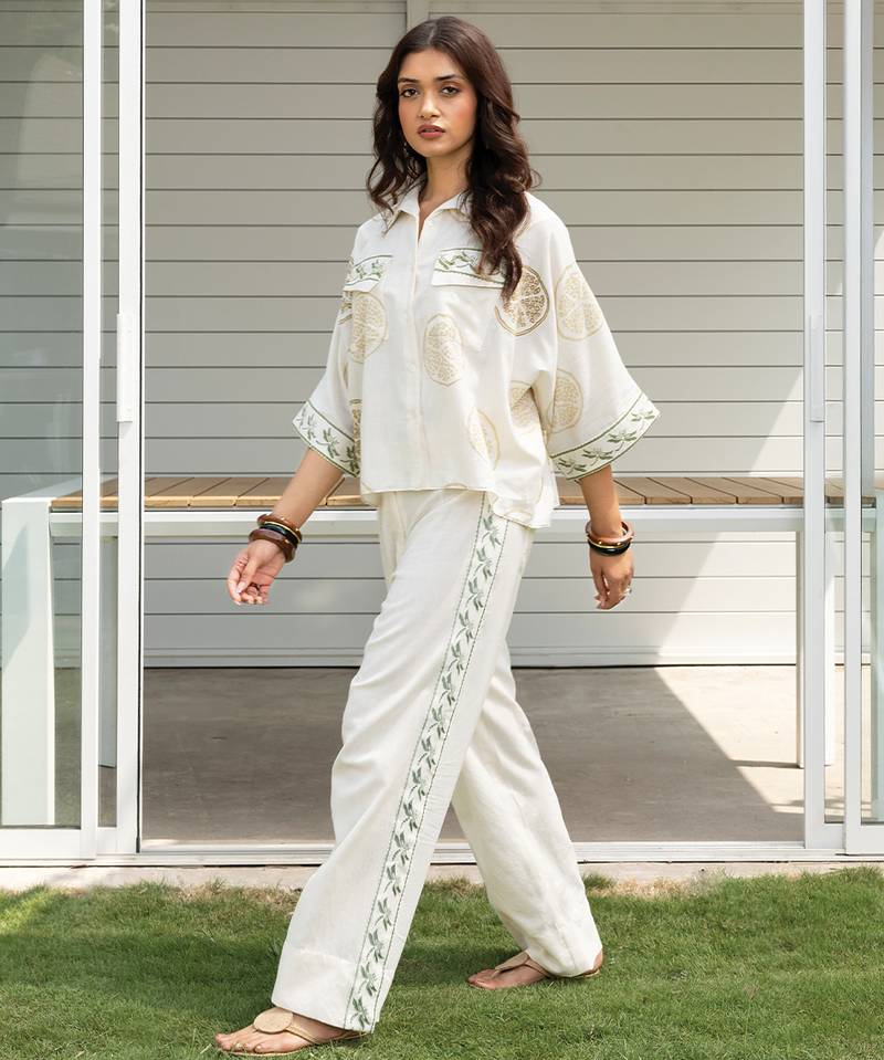 Cream white printed cotton shirt