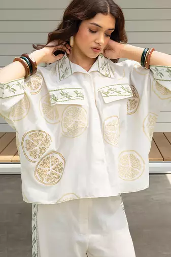 Cream white printed cotton shirt