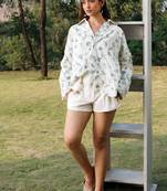 Cream blue printed cotton shirt
