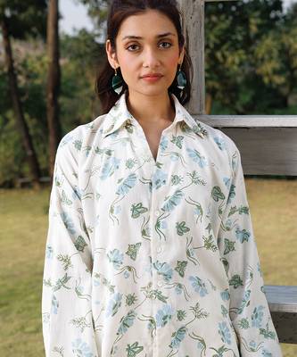 Cream blue printed cotton shirt 3