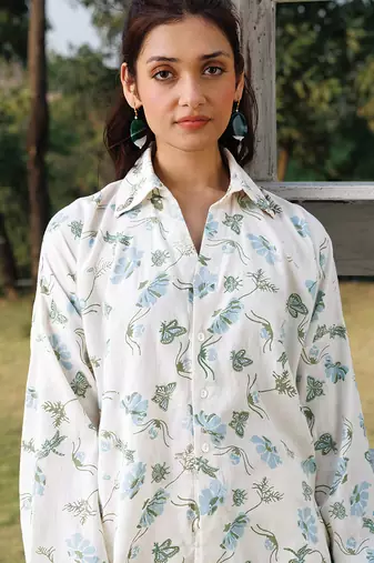 Cream blue printed cotton shirt