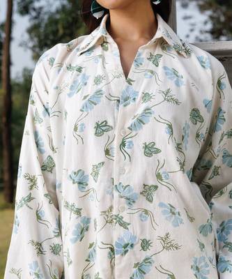 Cream blue printed cotton shirt 4