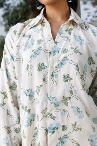 Cream blue printed cotton shirt