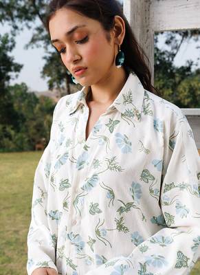 Cream blue printed cotton shirt 5