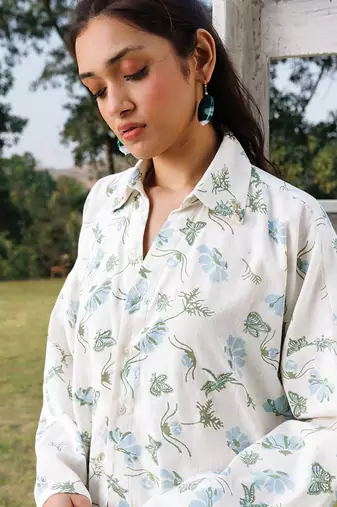 Cream blue printed cotton shirt
