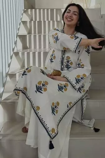 White cotton printed kurta set