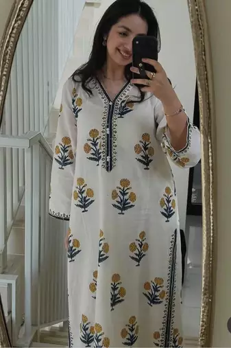 White cotton printed kurta set