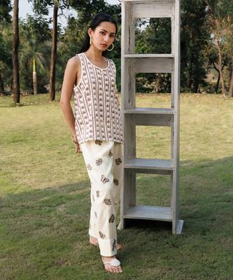 Cream white brown printed cotton top 1
