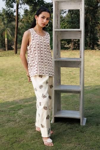 Cream white brown printed cotton top