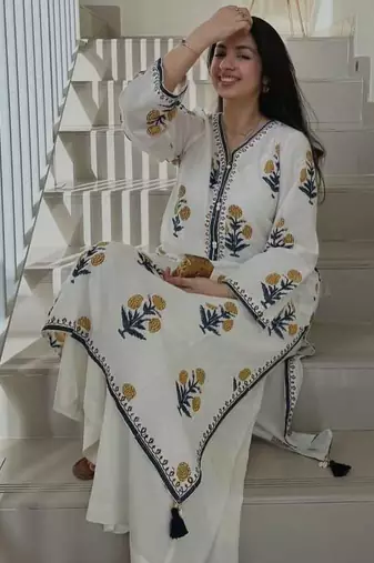White cotton printed kurta set
