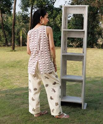 Cream white brown printed cotton top 2