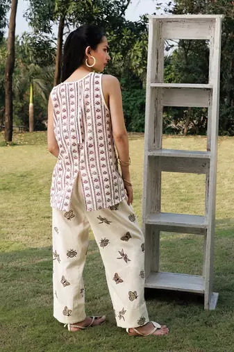 Cream white brown printed cotton top