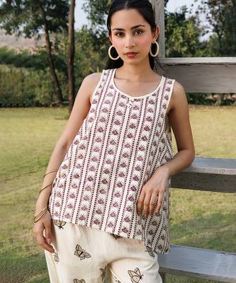Cream white brown printed cotton top 3