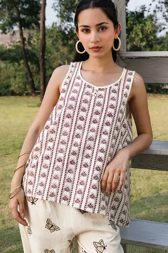 Cream white brown printed cotton top