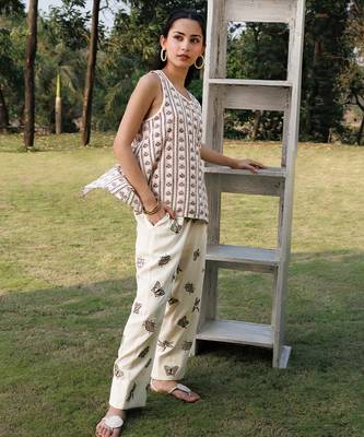 Cream white brown printed cotton top 4