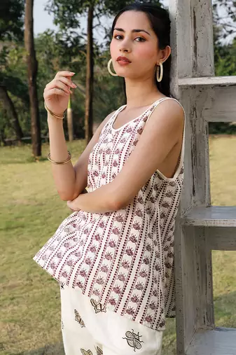 Cream white brown printed cotton top