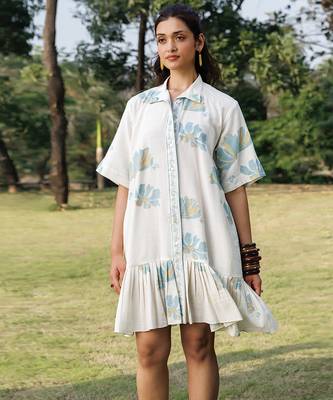 Cream white blue printed cotton short dress 1