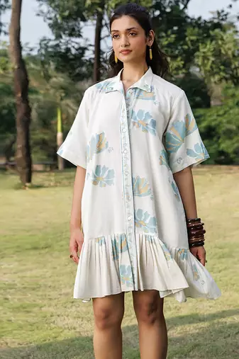 Cream white blue printed cotton short dress