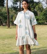 Cream white blue printed cotton short dress