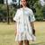 Cream white blue printed cotton short dress