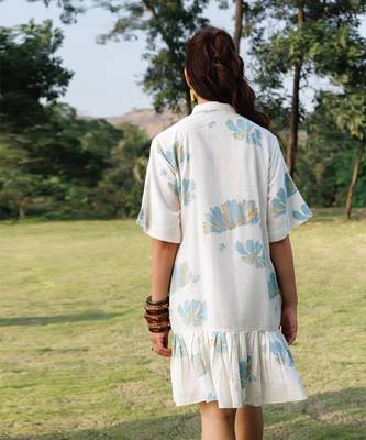 Cream white blue printed cotton short dress 2