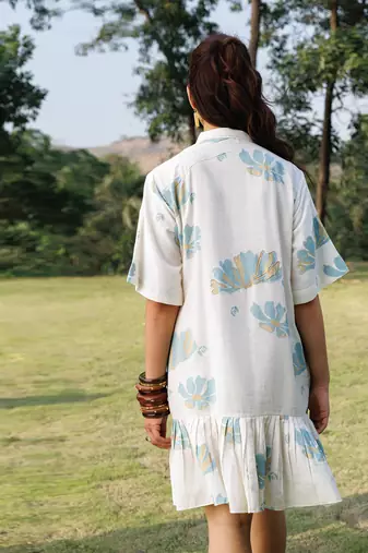 Cream white blue printed cotton short dress