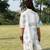 Cream white blue printed cotton short dress