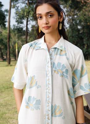 Cream white blue printed cotton short dress 3