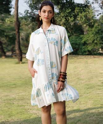 Cream white blue printed cotton short dress 4