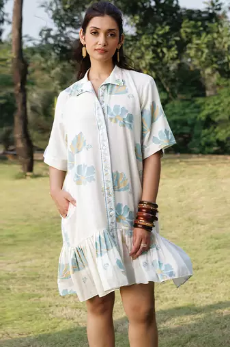 Cream white blue printed cotton short dress