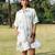 Cream white blue printed cotton short dress