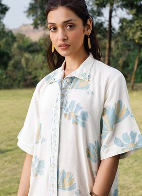 Cream white blue printed cotton short dress 5