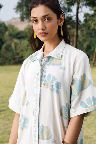 Cream white blue printed cotton short dress