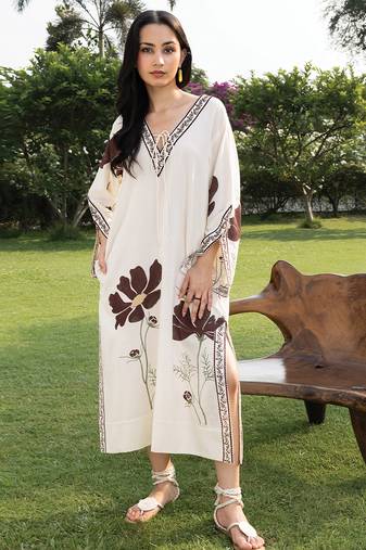 Off white printed cotton kaftan