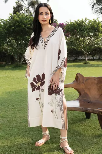Off white printed cotton kaftan