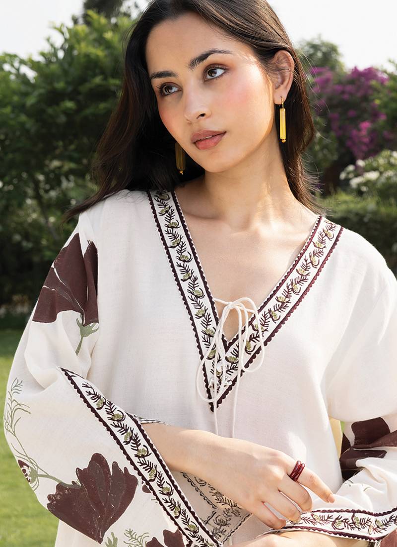 Off white printed cotton kaftan