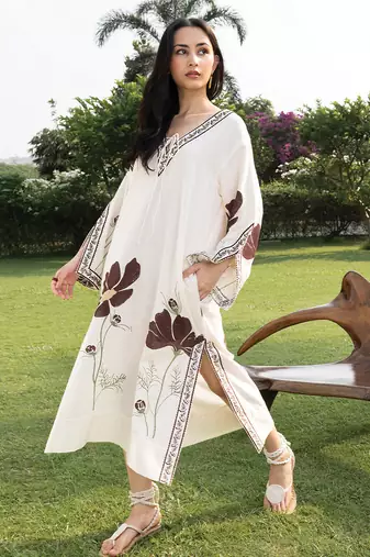 Off white printed cotton kaftan