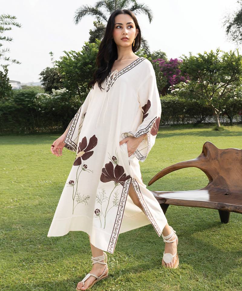 Off white printed cotton kaftan