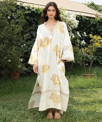 Cream yellow printed cotton kaftan 1