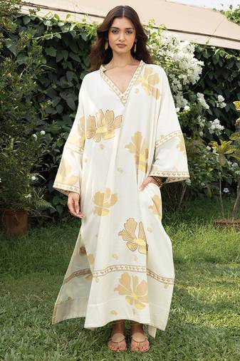 Cream yellow printed cotton kaftan