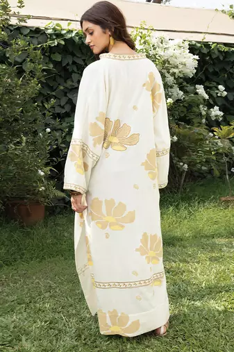 Cream yellow printed cotton kaftan