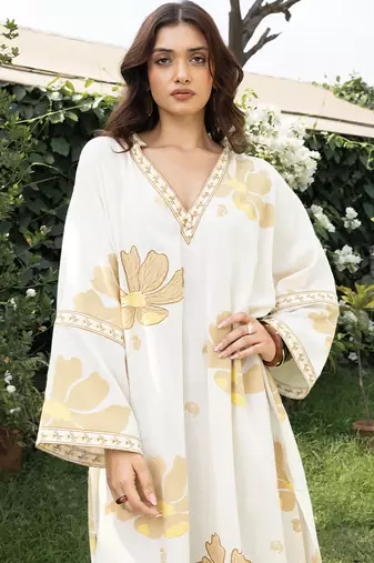 Cream yellow printed cotton kaftan