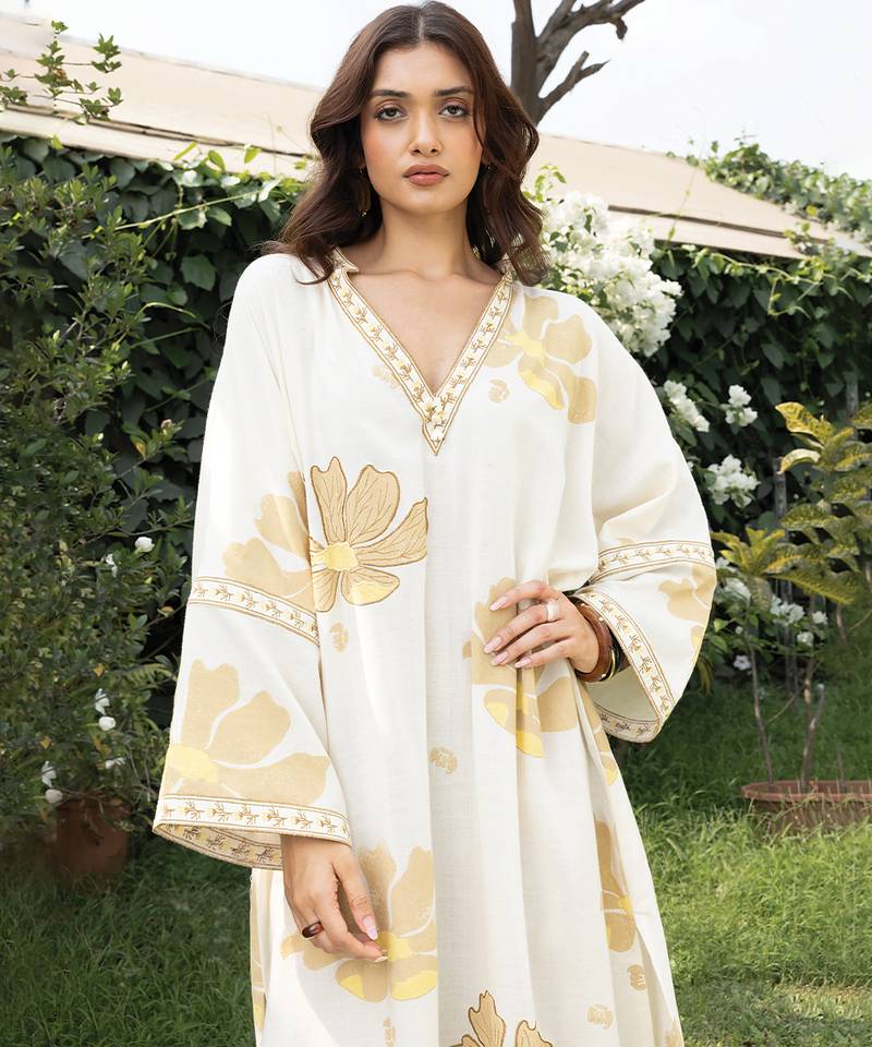 Cream yellow printed cotton kaftan
