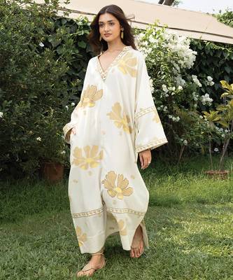 Cream yellow printed cotton kaftan 4