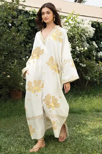 Cream yellow printed cotton kaftan