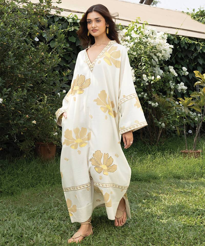 Cream yellow printed cotton kaftan