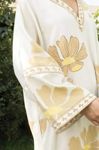 Cream yellow printed cotton kaftan