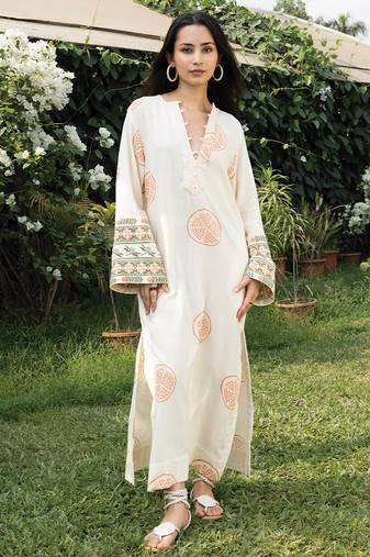 Cream white peach printed cotton kaftan