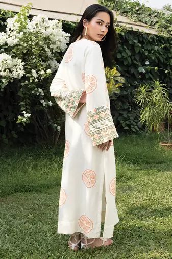 Cream white peach printed cotton kaftan